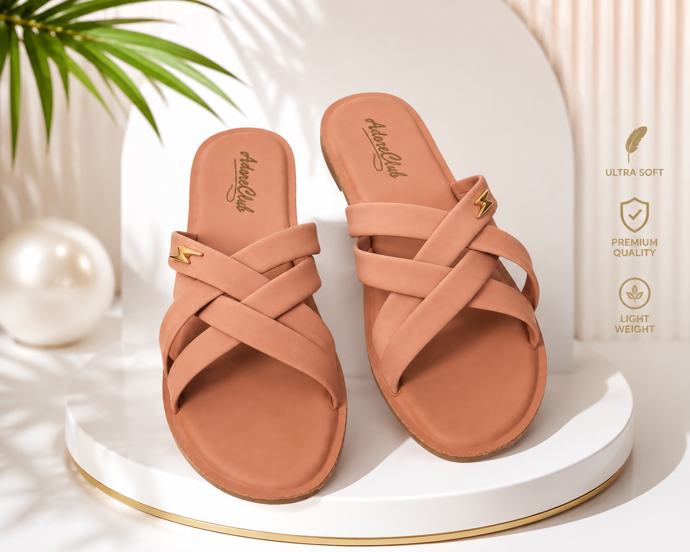 Marivel Elegant Cross Strap Ladies Slides – Peach